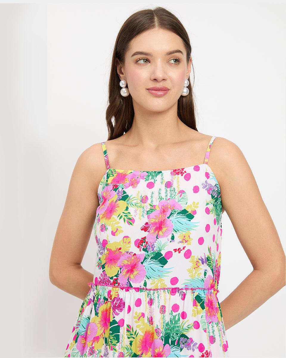 White Floral Print Polyester Polka Dots Midi Dress For Women