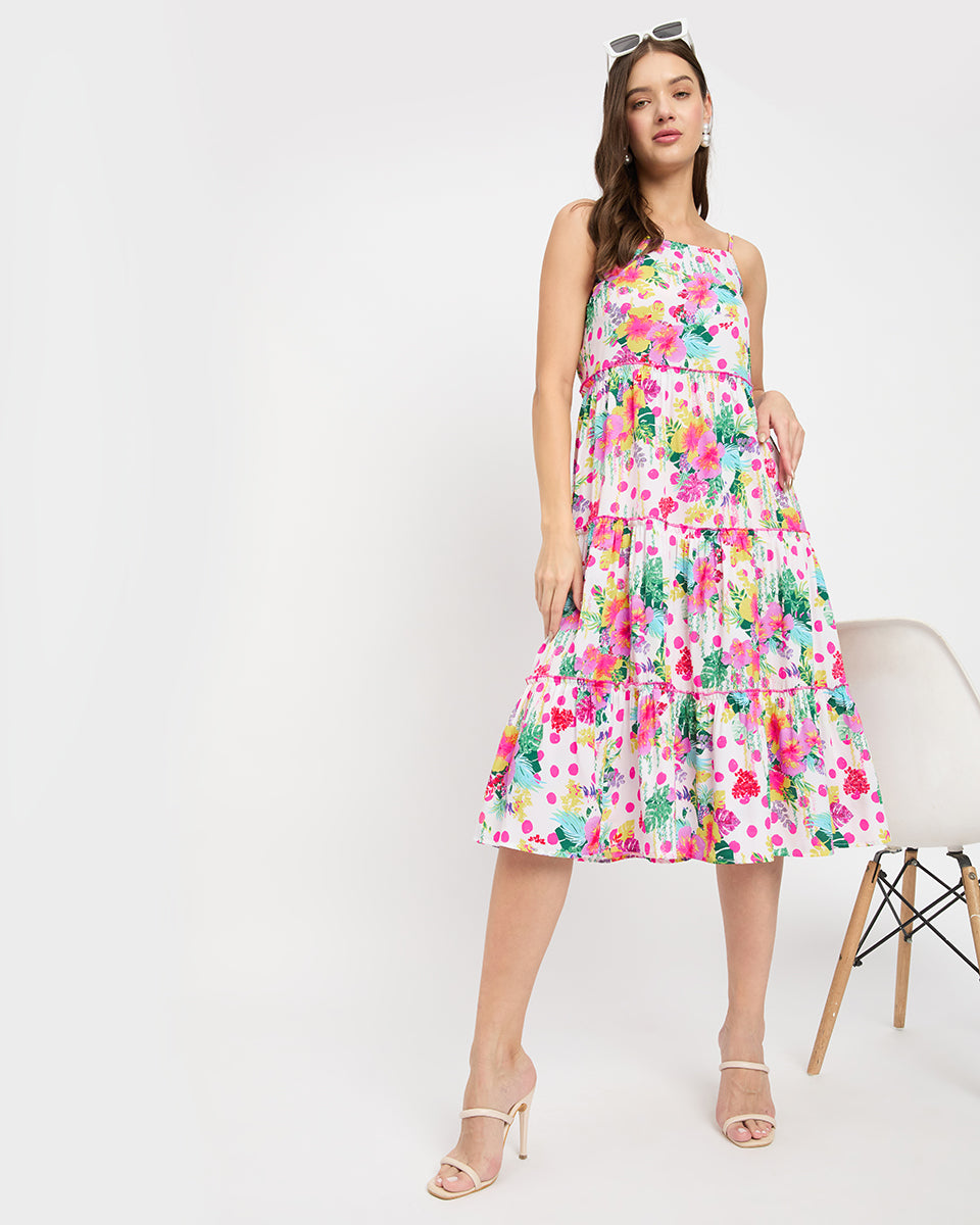 White Floral Print Polyester Polka Dots Midi Dress For Women