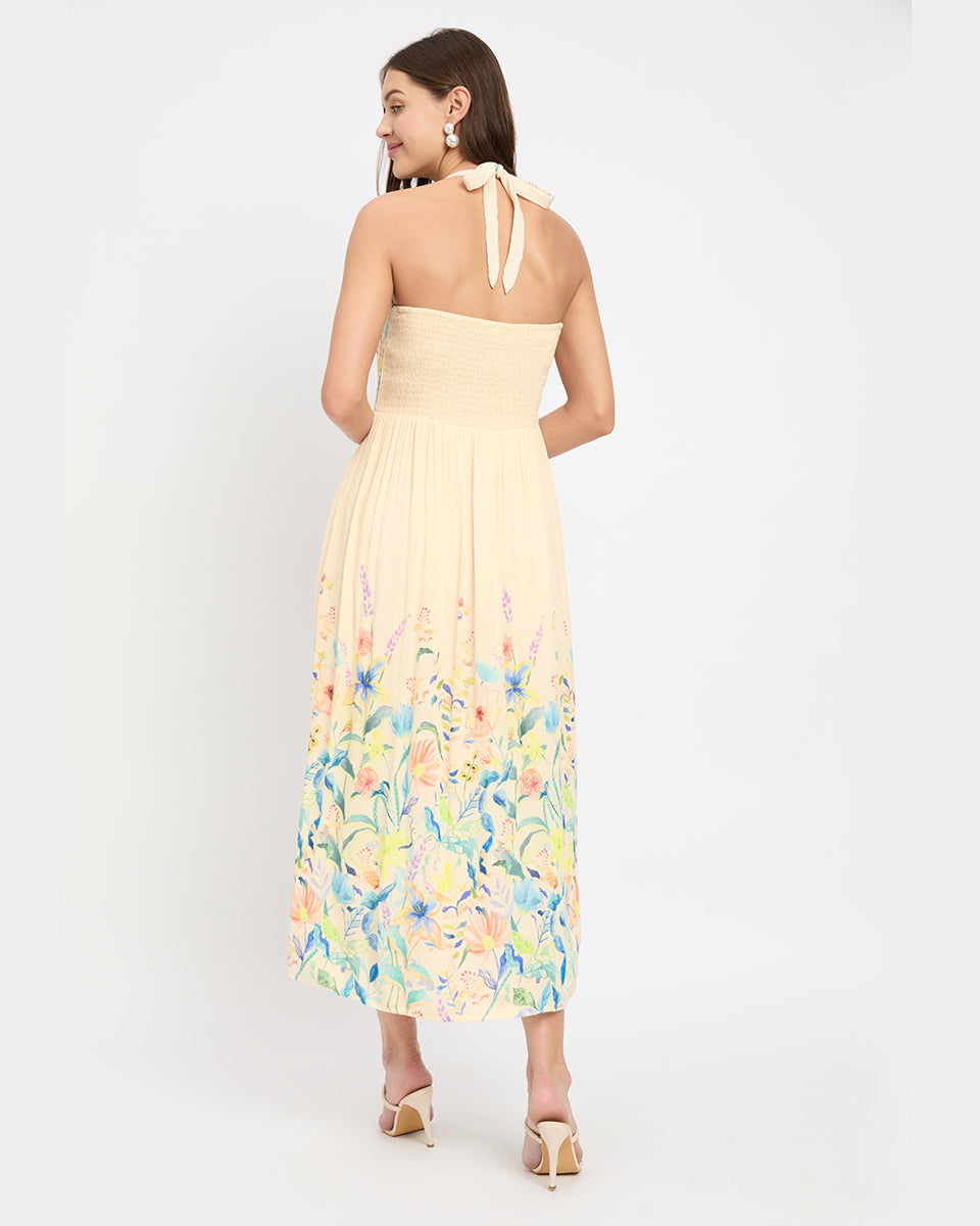 Cream Color Elegant Floral Print Rayon Halter Neck Midi Dress For Women