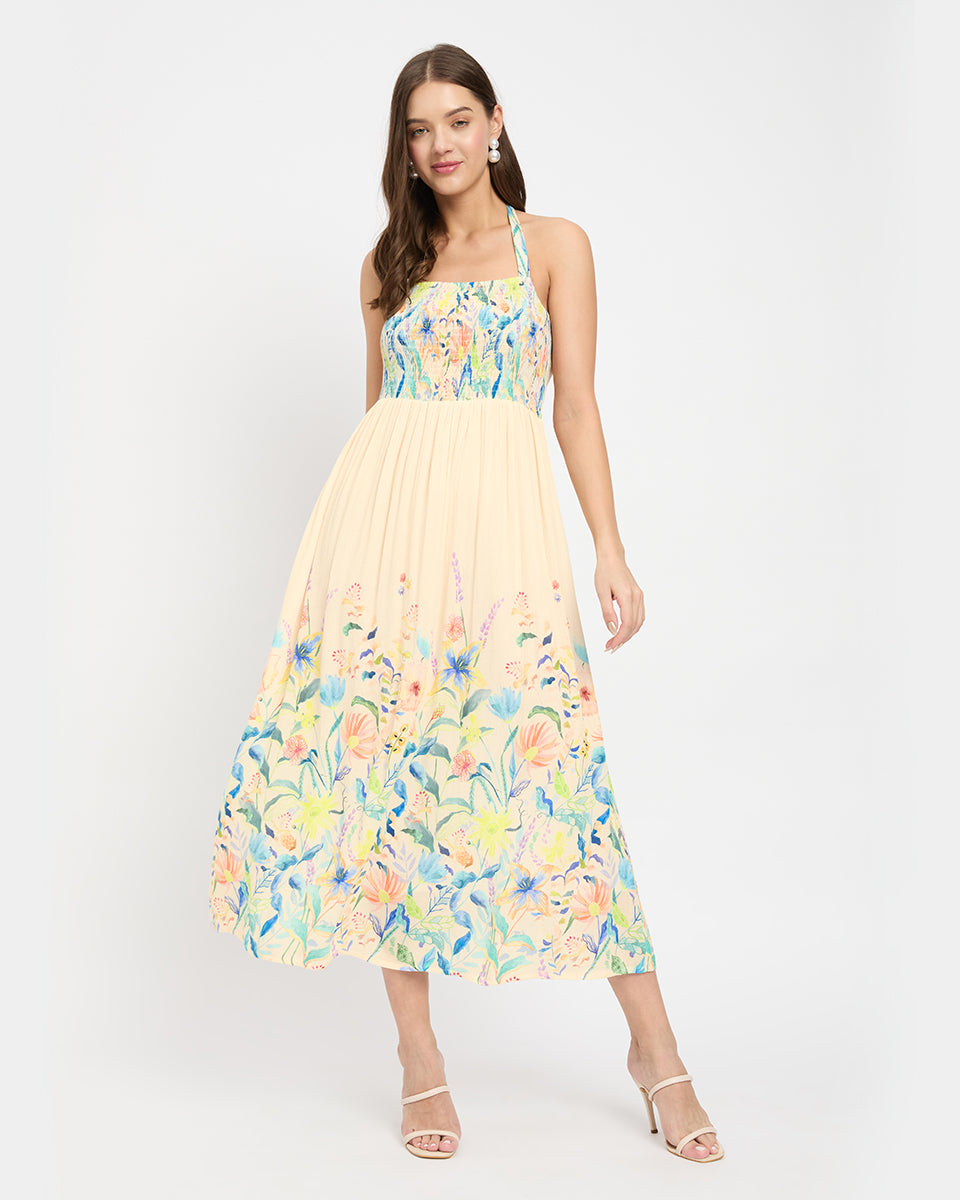 Cream Color Elegant Floral Print Rayon Halter Neck Midi Dress For Women