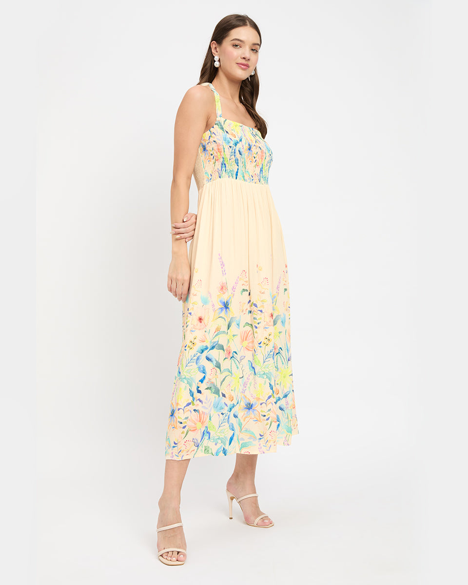 Cream Color Elegant Floral Print Rayon Halter Neck Midi Dress For Women
