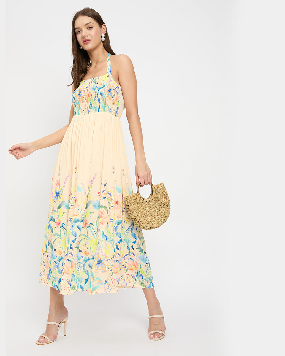 Cream Color Elegant Floral Print Rayon Halter Neck Midi Dress For Women