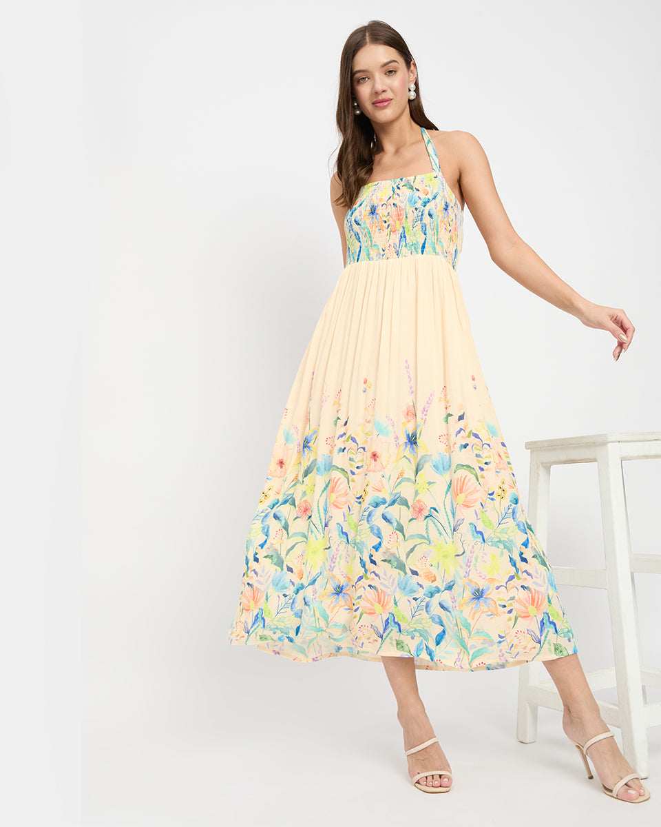 Cream Color Elegant Floral Print Rayon Halter Neck Midi Dress For Women