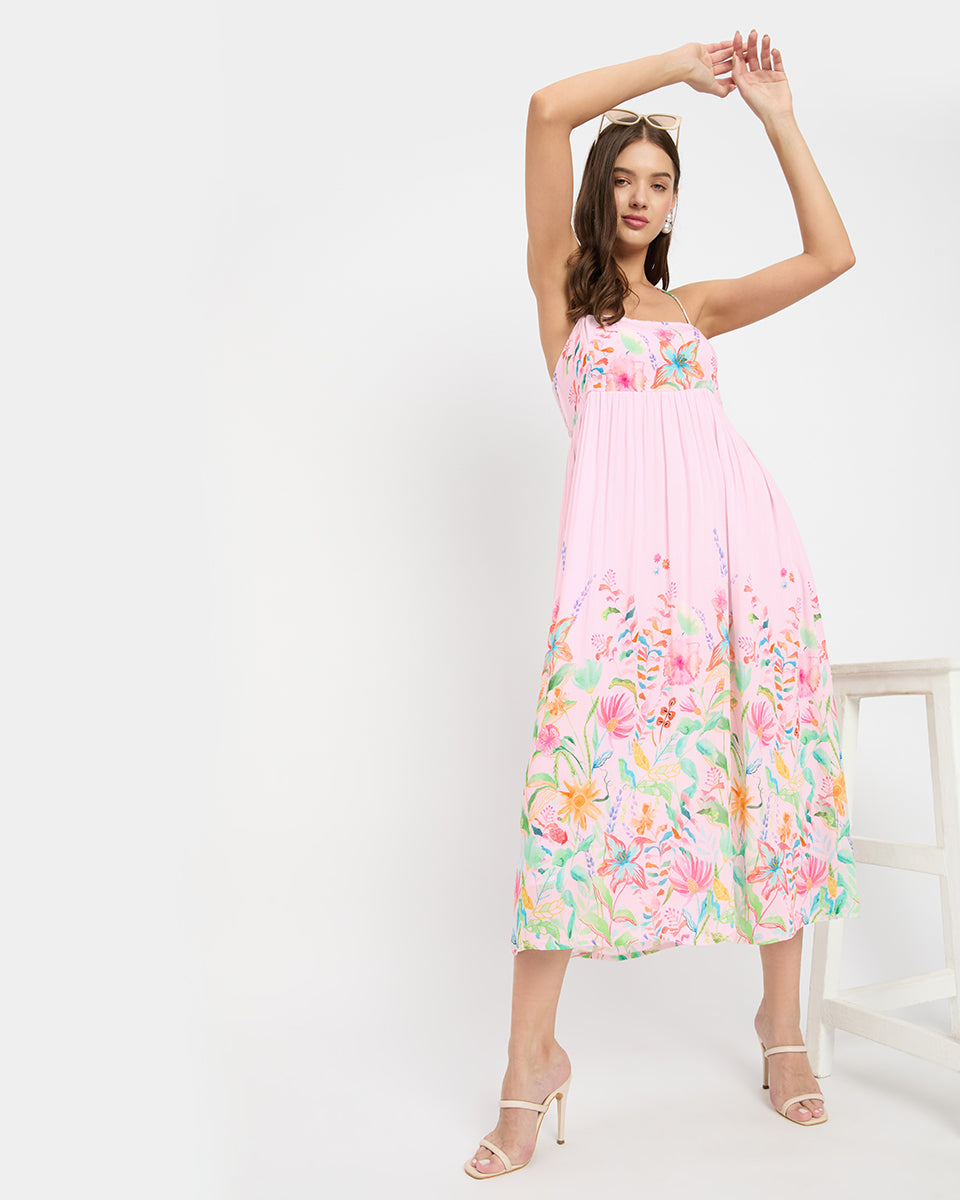 Pink Floral Print Stunning Rayon Crepe Midi Dress For Women