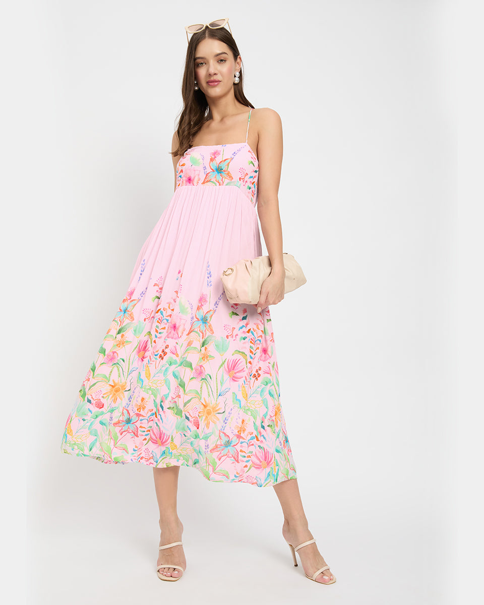 Pink Floral Print Stunning Rayon Crepe Midi Dress For Women