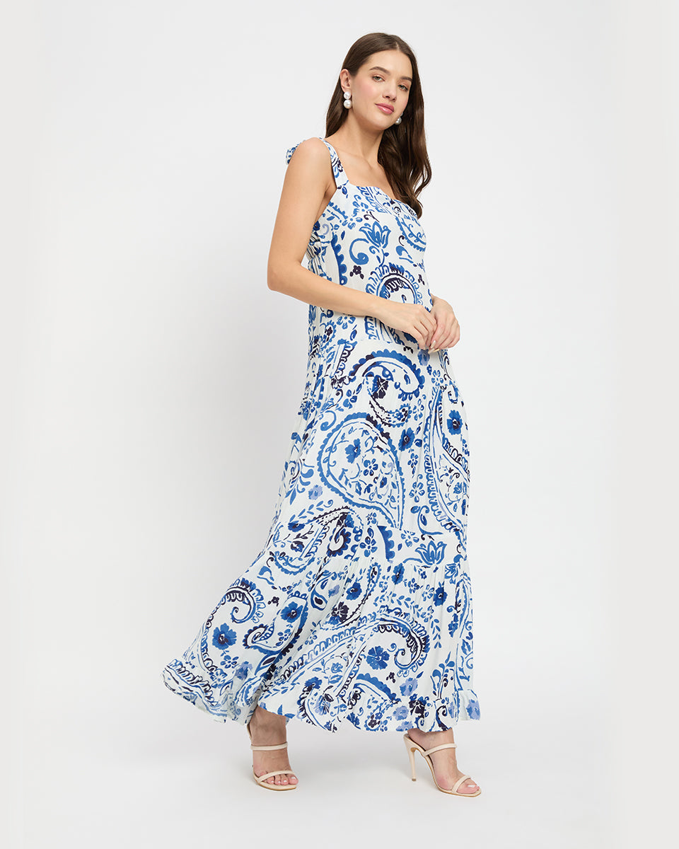 Paisley Floral Print Blue And White Rayon Maxi Dress For Women