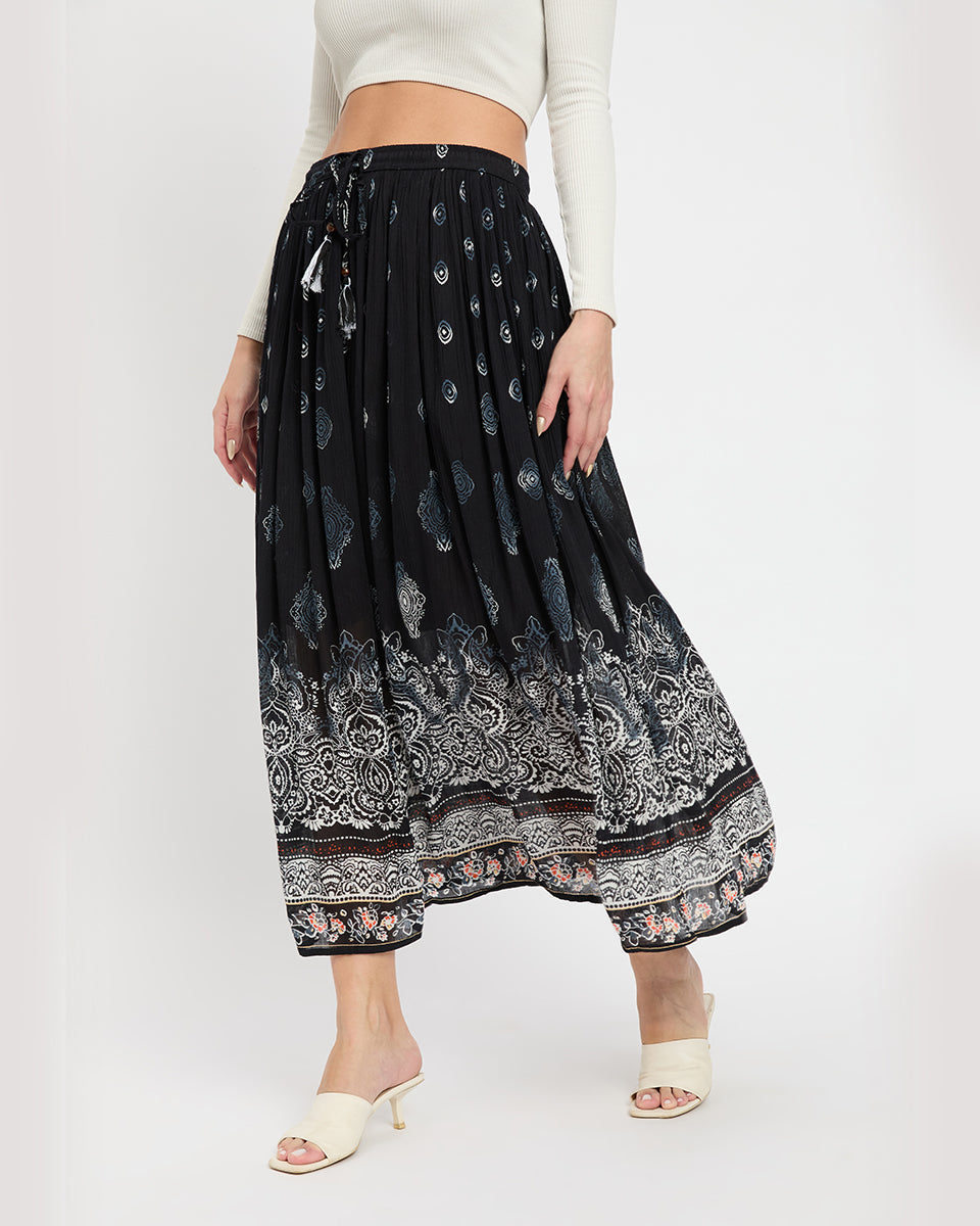 Black Damask Print Rayon Gauze Poly Knit Long Skirt For Women