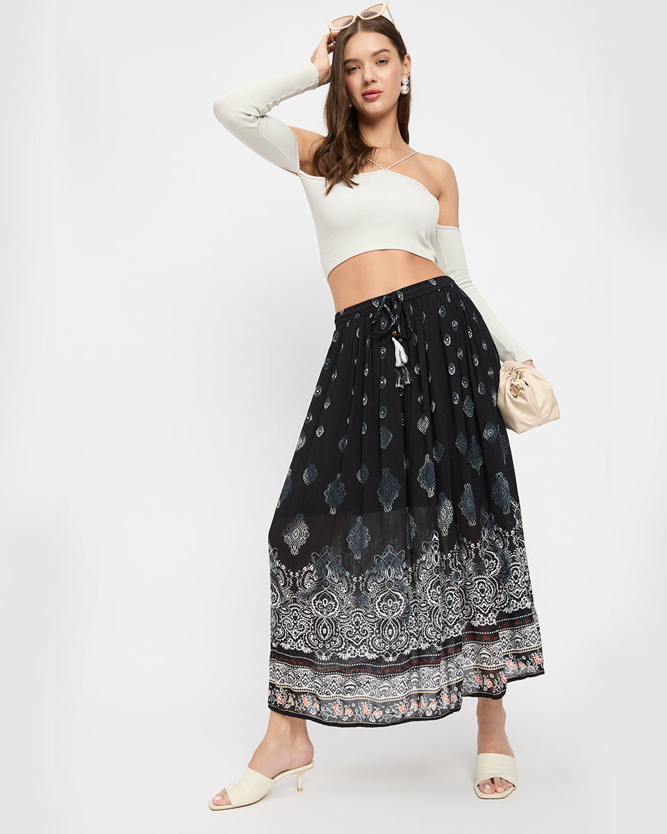 Black Damask Print Rayon Gauze Poly Knit Long Skirt For Women