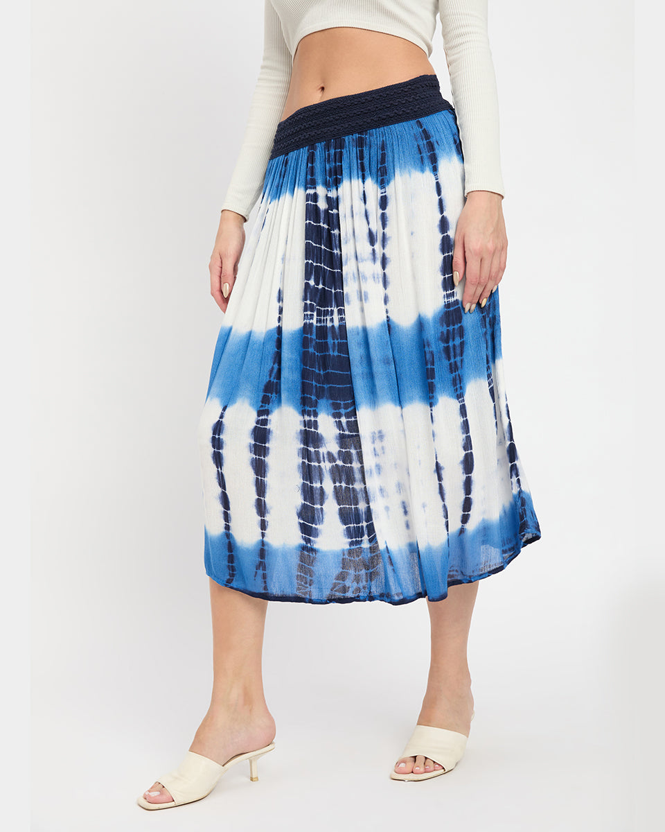 White And Navy Blue Tie Dye Rayon Gauze Poly Knit Midi Skirt For Women