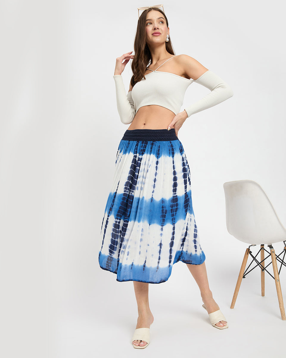 White And Navy Blue Tie Dye Rayon Gauze Poly Knit Midi Skirt For Women