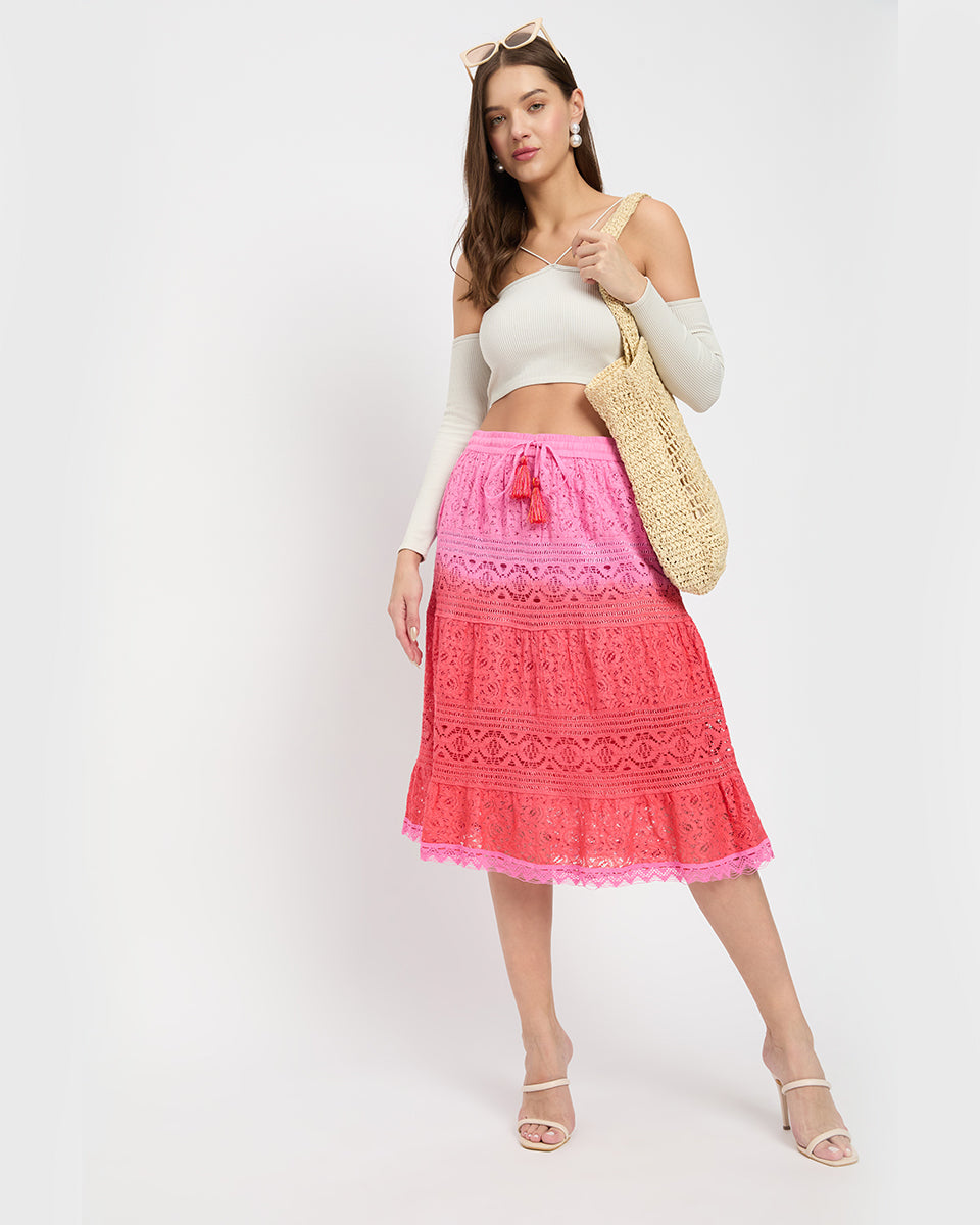 Fuchsia And Red Color Lace Elastic Waist Midi Skirt For Women