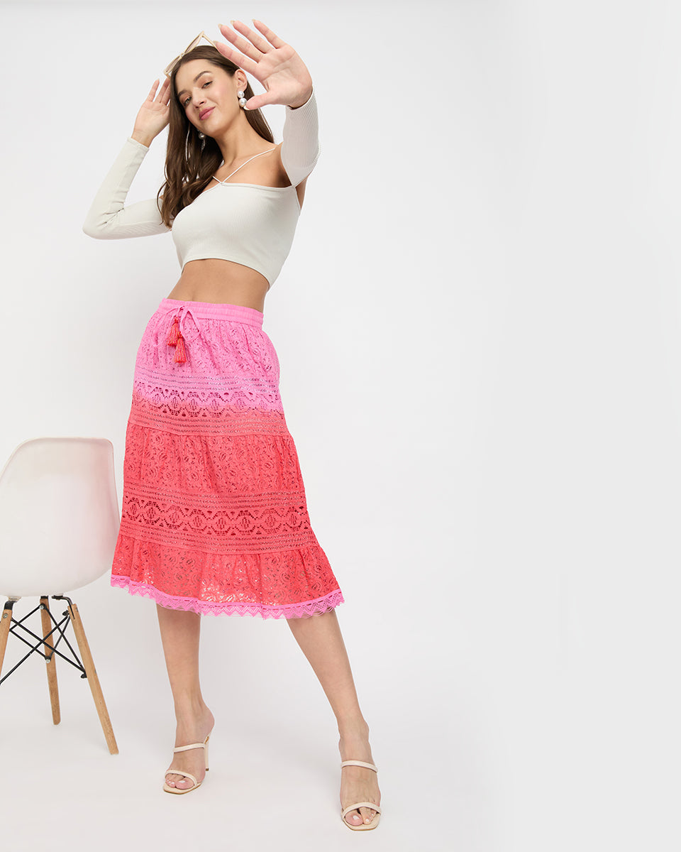 Fuchsia And Red Color Lace Elastic Waist Midi Skirt For Women