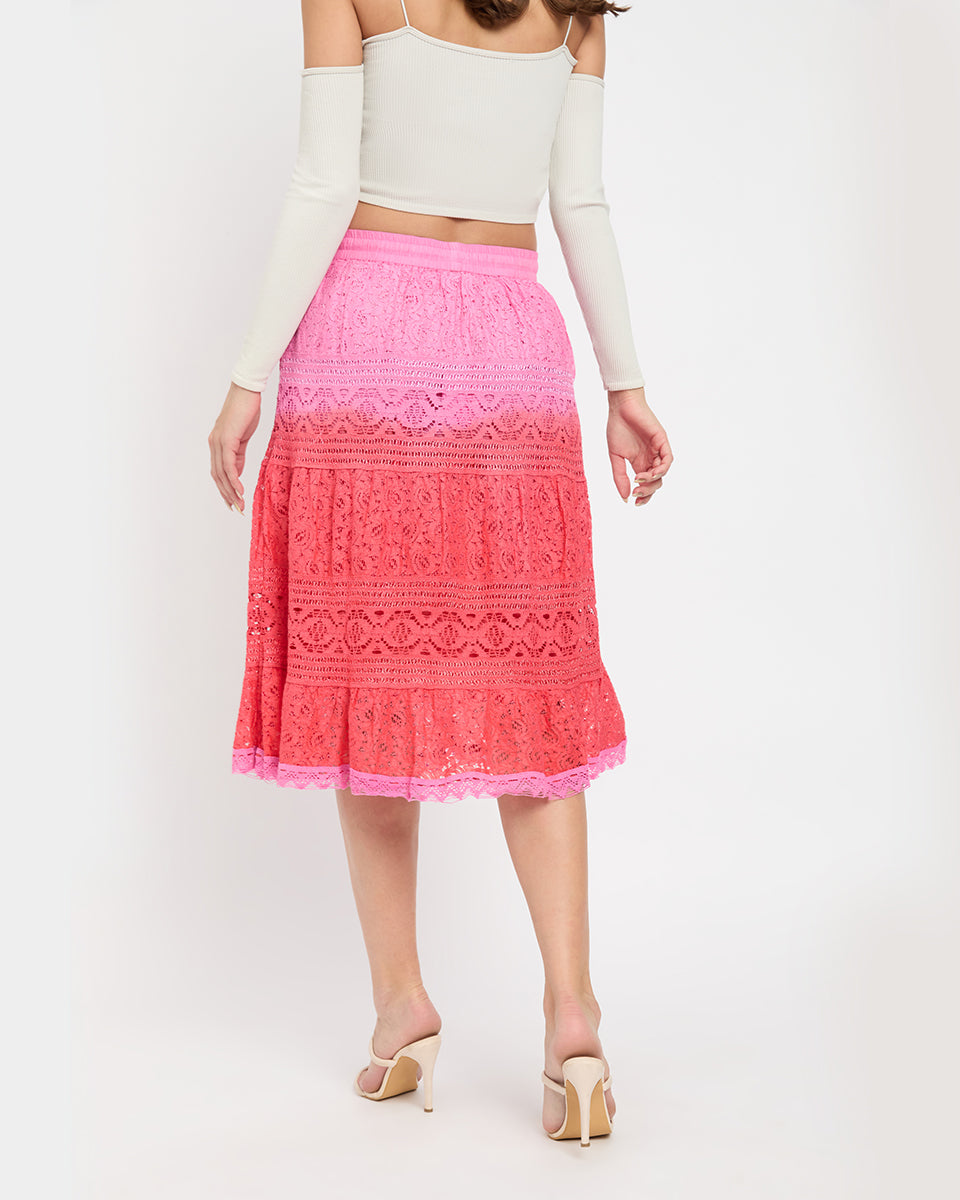 Fuchsia And Red Color Lace Elastic Waist Midi Skirt For Women