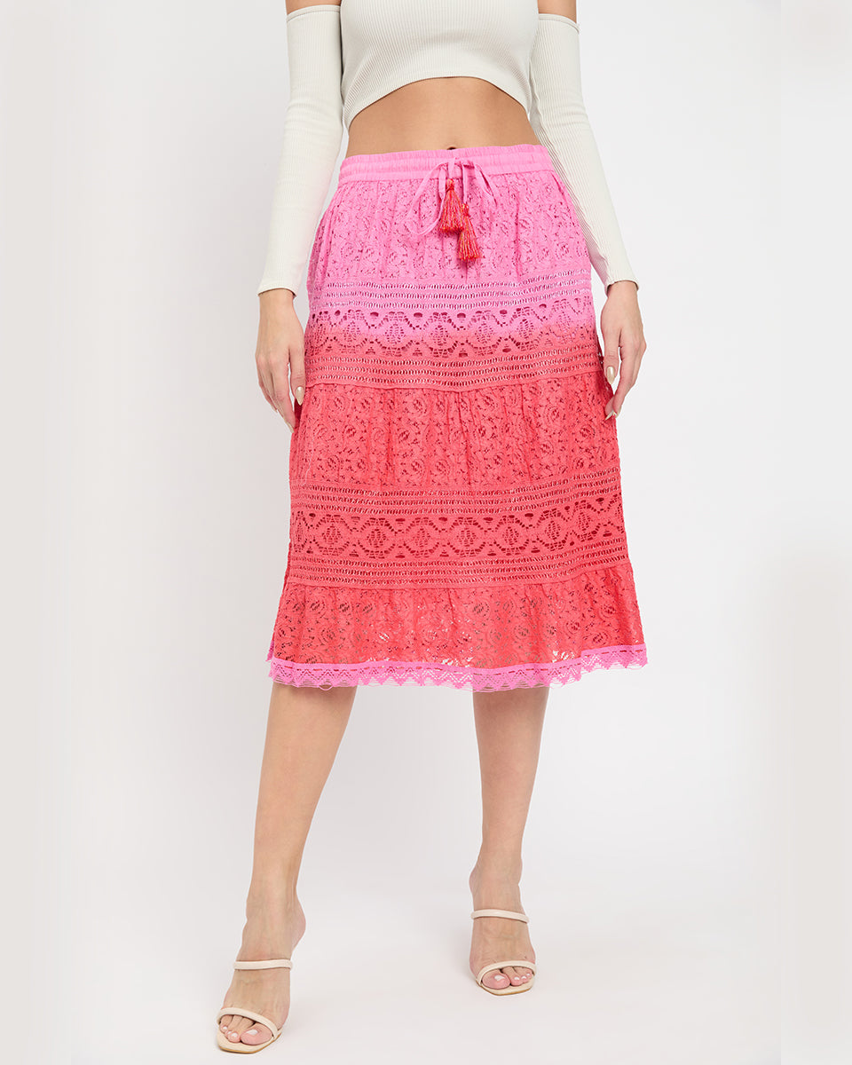Fuchsia And Red Color Lace Elastic Waist Midi Skirt For Women