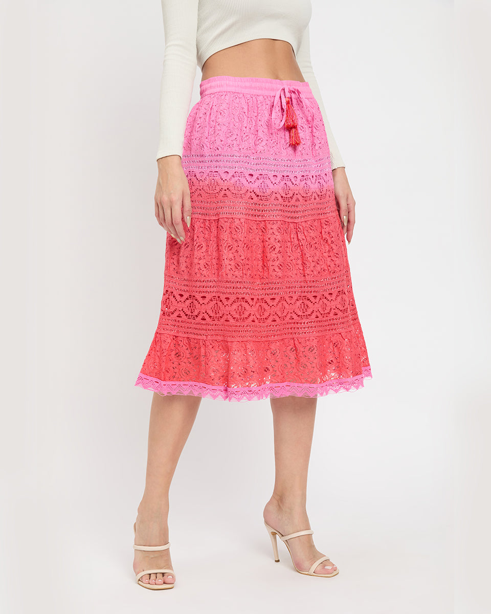 Fuchsia And Red Color Lace Elastic Waist Midi Skirt For Women