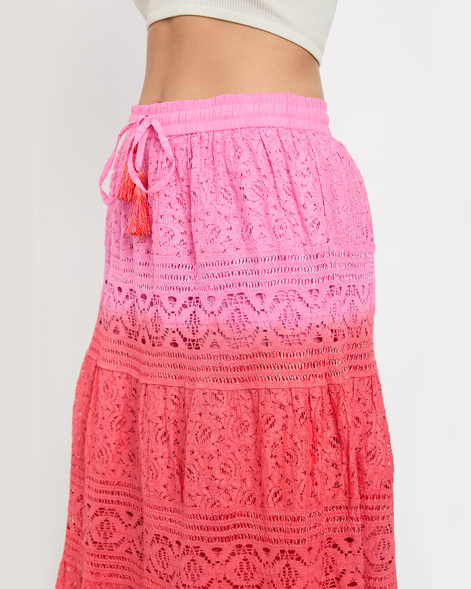 Fuchsia And Red Color Lace Elastic Waist Midi Skirt For Women