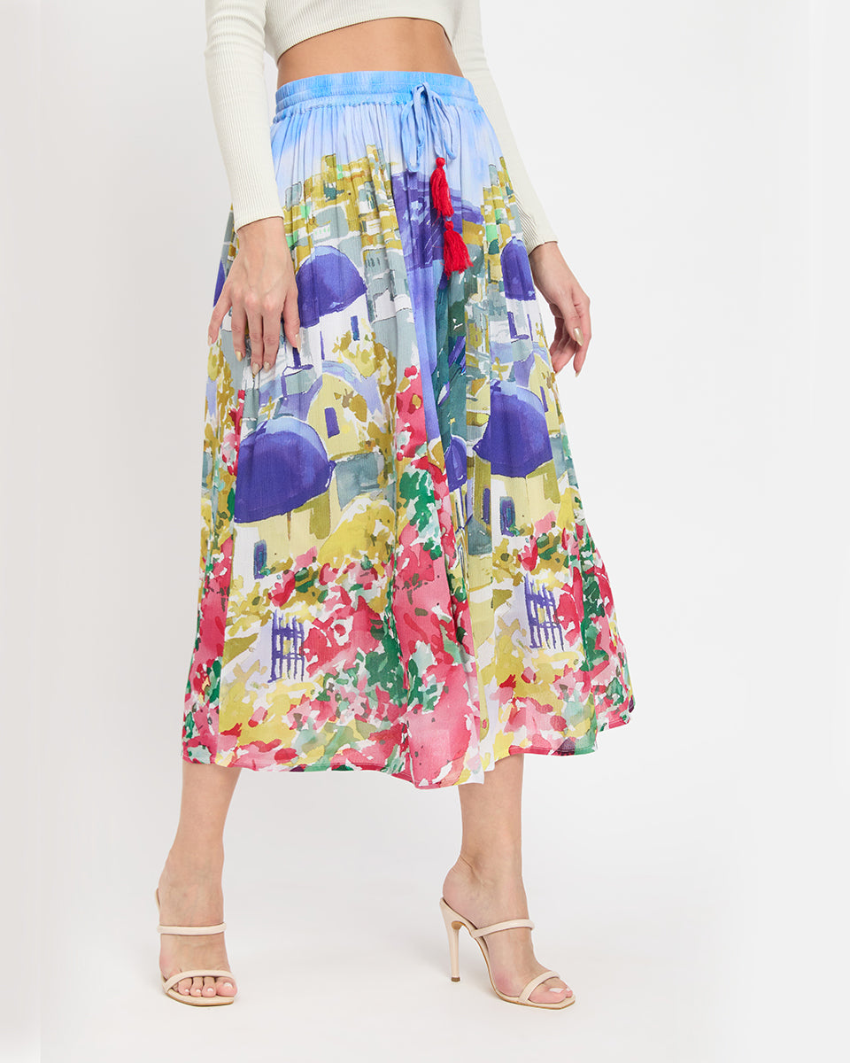 Digital Print Multicolor Poly Knit Rayon Skirt For Women