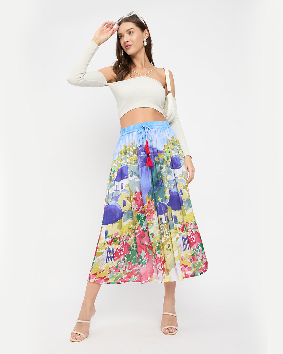 Digital Print Multicolor Poly Knit Rayon Skirt For Women