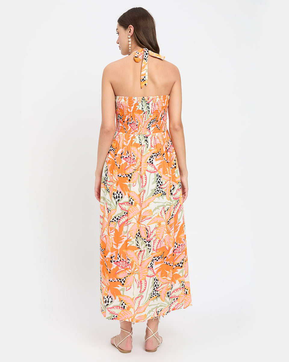 Tropical Print Orange Strapped Rayon Crepe Midi Dress For Women