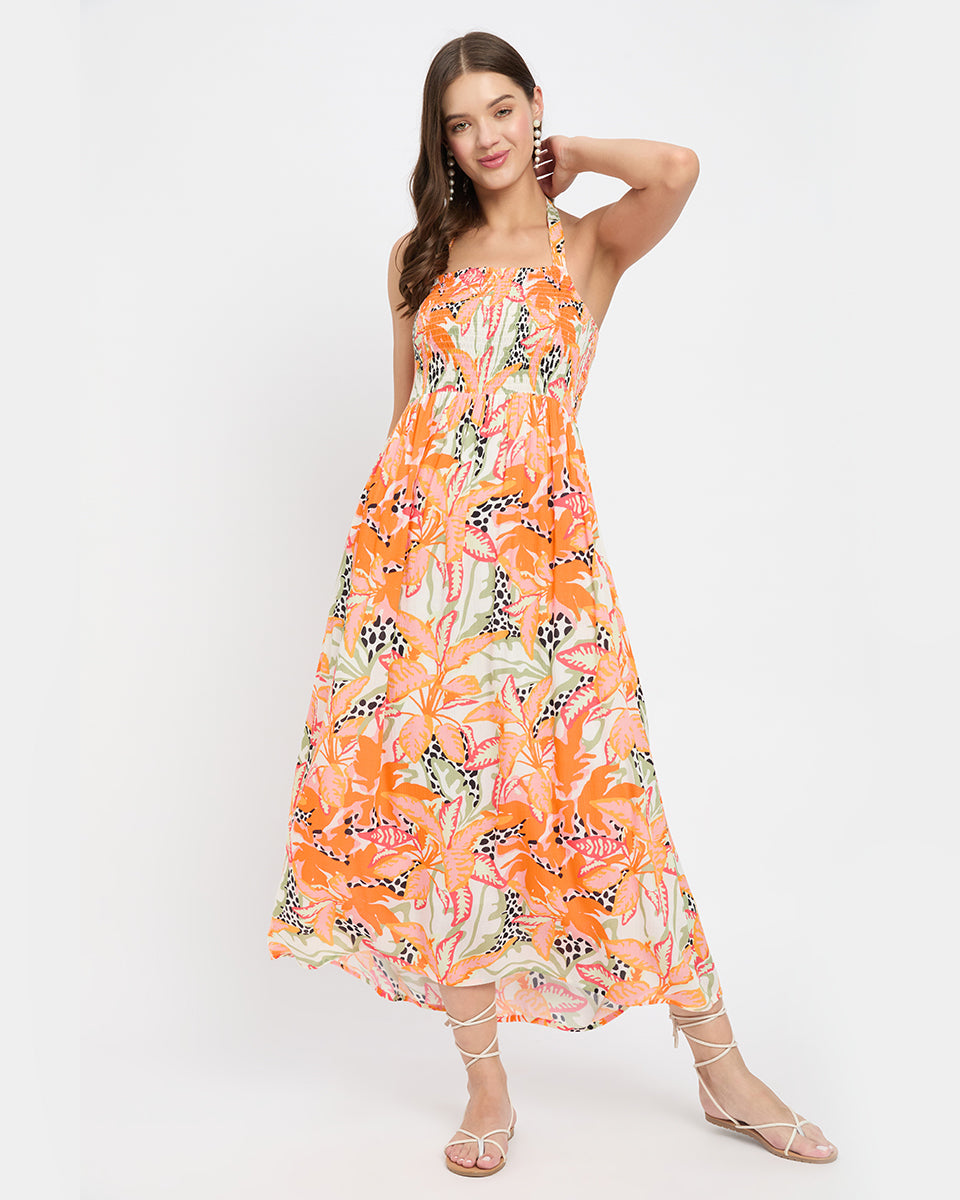 Tropical Print Orange Strapped Rayon Crepe Midi Dress For Women