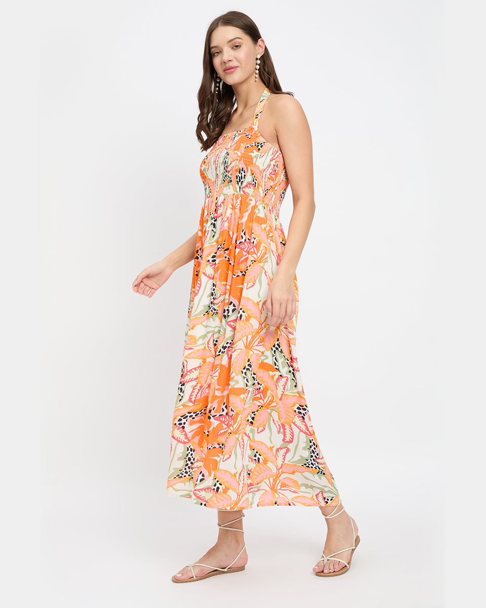 Tropical Print Orange Strapped Rayon Crepe Midi Dress For Women