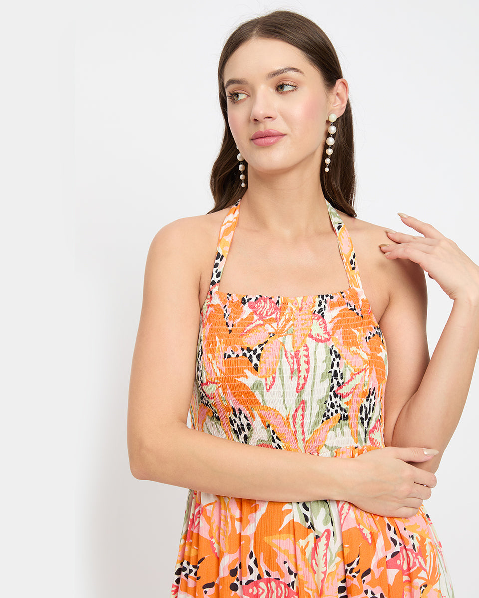 Tropical Print Orange Strapped Rayon Crepe Midi Dress For Women
