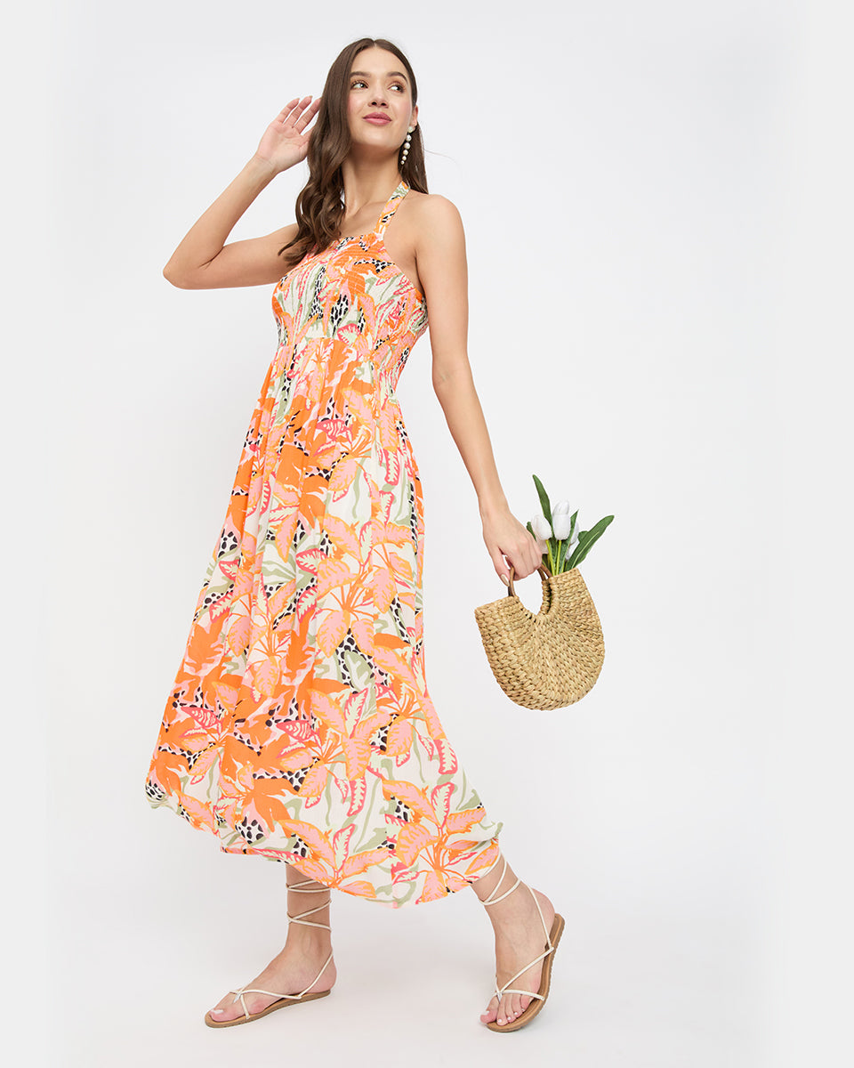 Tropical Print Orange Strapped Rayon Crepe Midi Dress For Women
