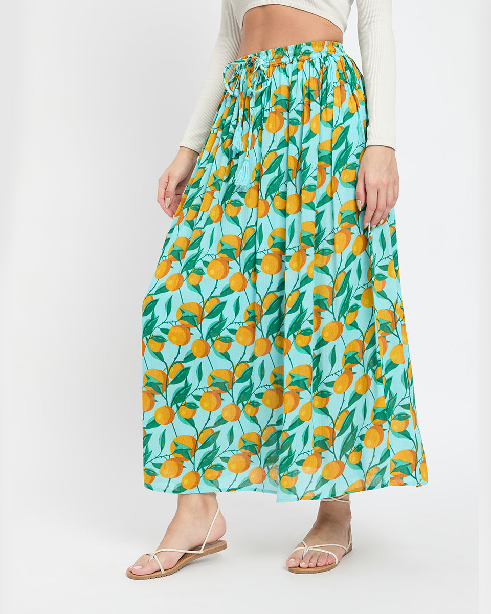 Multicolor Fruit Print Rayon And Poly Knit Skirt For Women