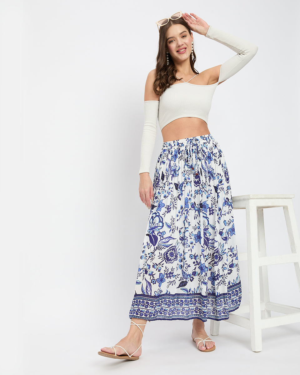 White And Blue Floral Print Poly Knit Rayon A Line Skirt For Women