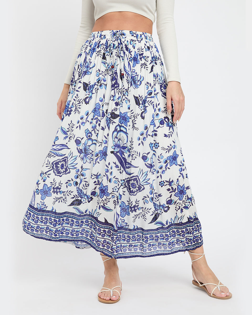 White And Blue Floral Print Poly Knit Rayon A Line Skirt For Women