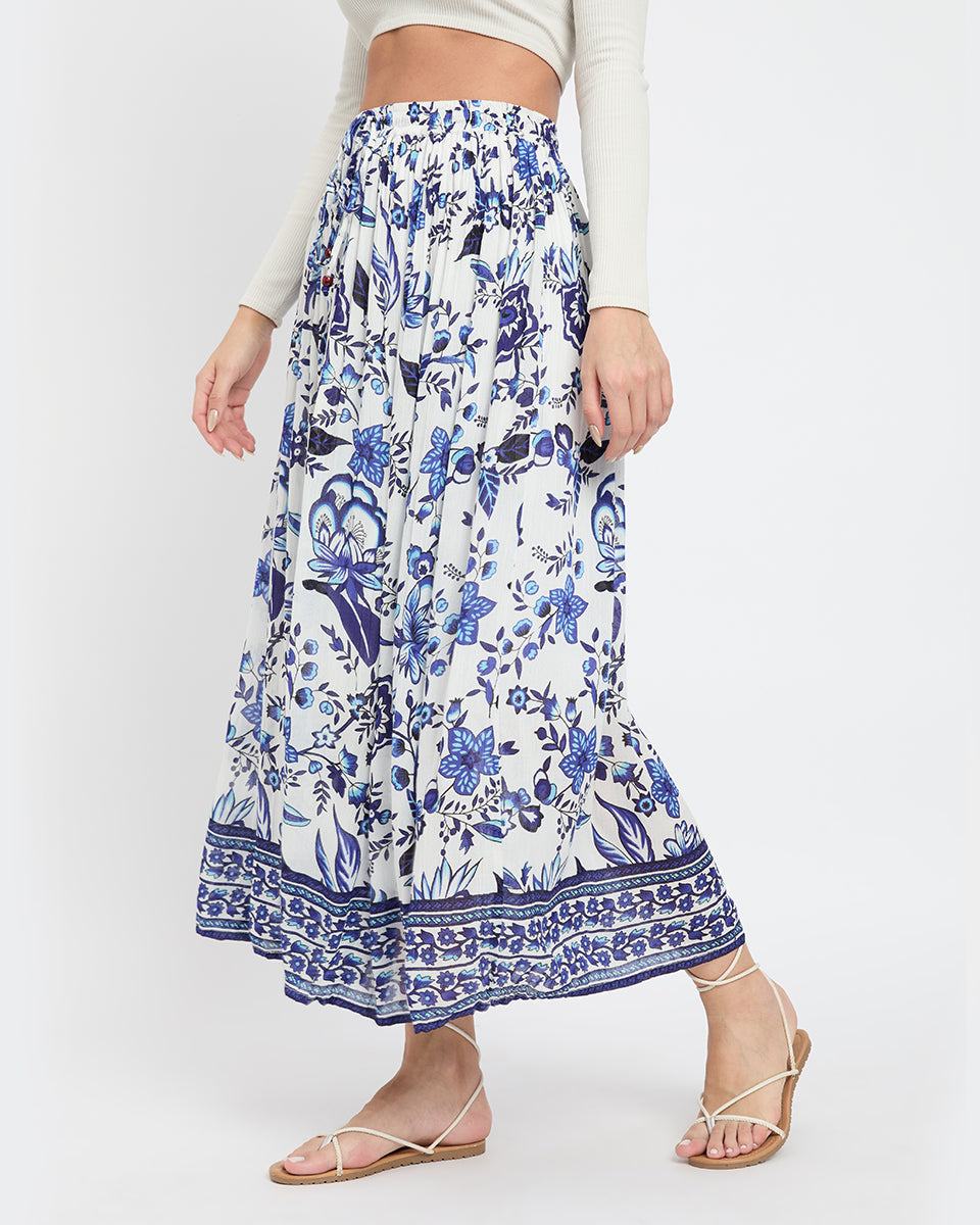 White And Blue Floral Print Poly Knit Rayon A Line Skirt For Women