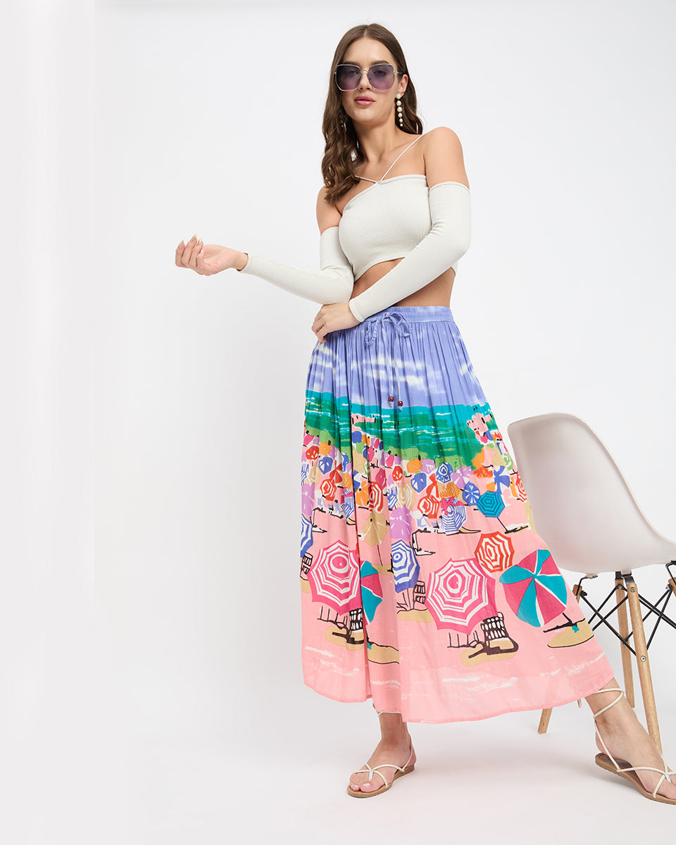 Printed Beach Theme Rayon And Poly Knit Skirt For Women