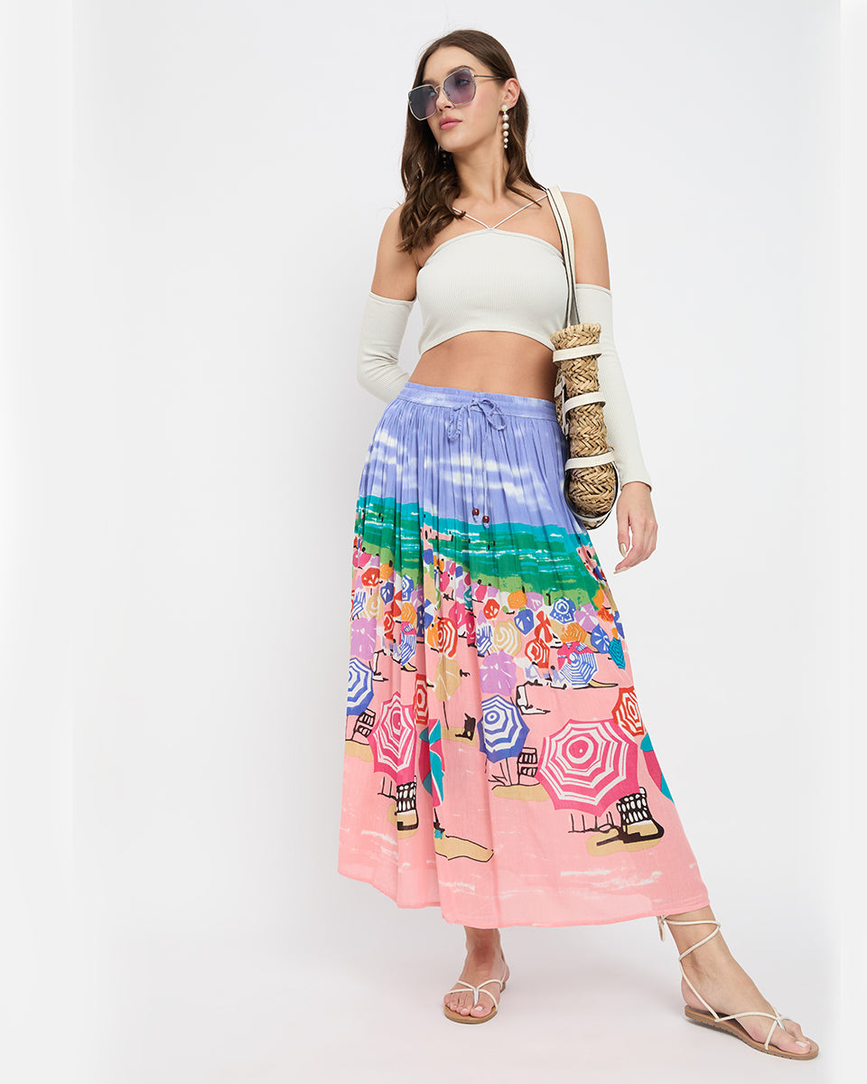 Printed Beach Theme Rayon And Poly Knit Skirt For Women