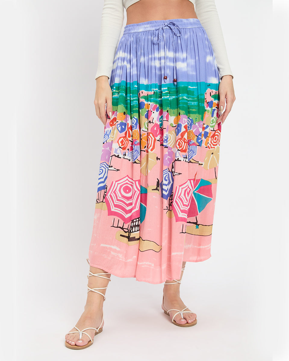 Printed Beach Theme Rayon And Poly Knit Skirt For Women