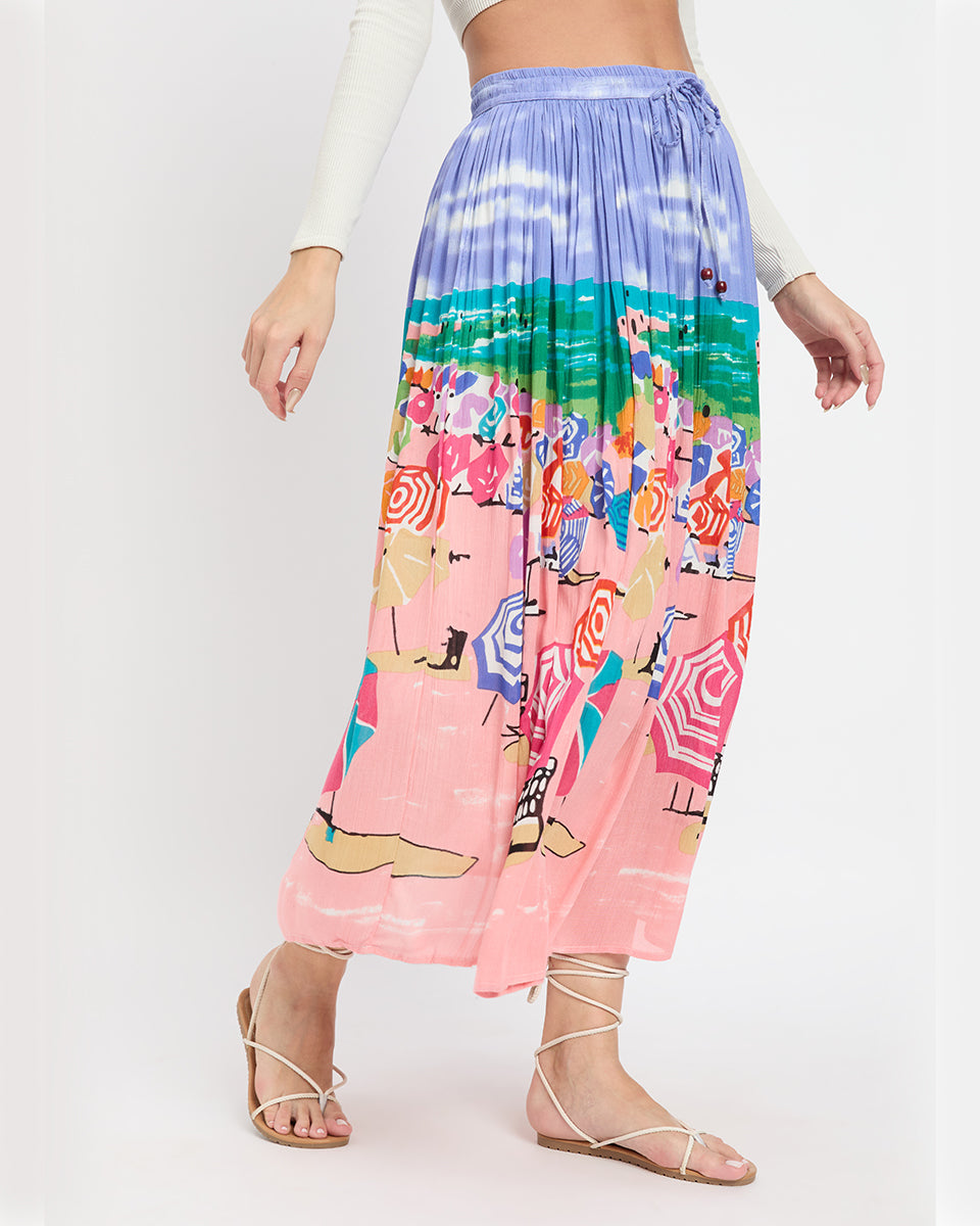 Printed Beach Theme Rayon And Poly Knit Skirt For Women