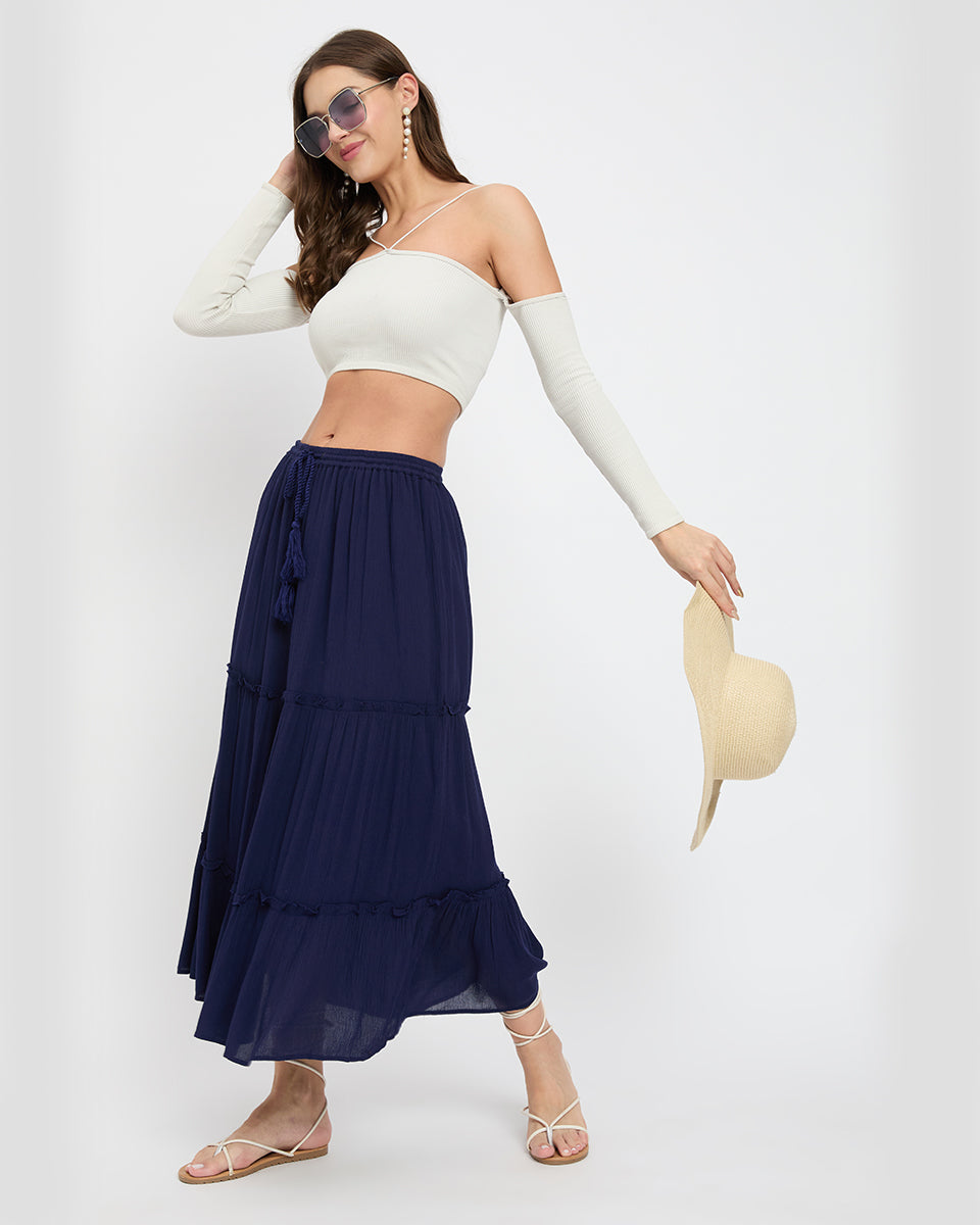 Gypsie Blu Navy-Blue Rayon Gauze Poly Knit Skirt for Women