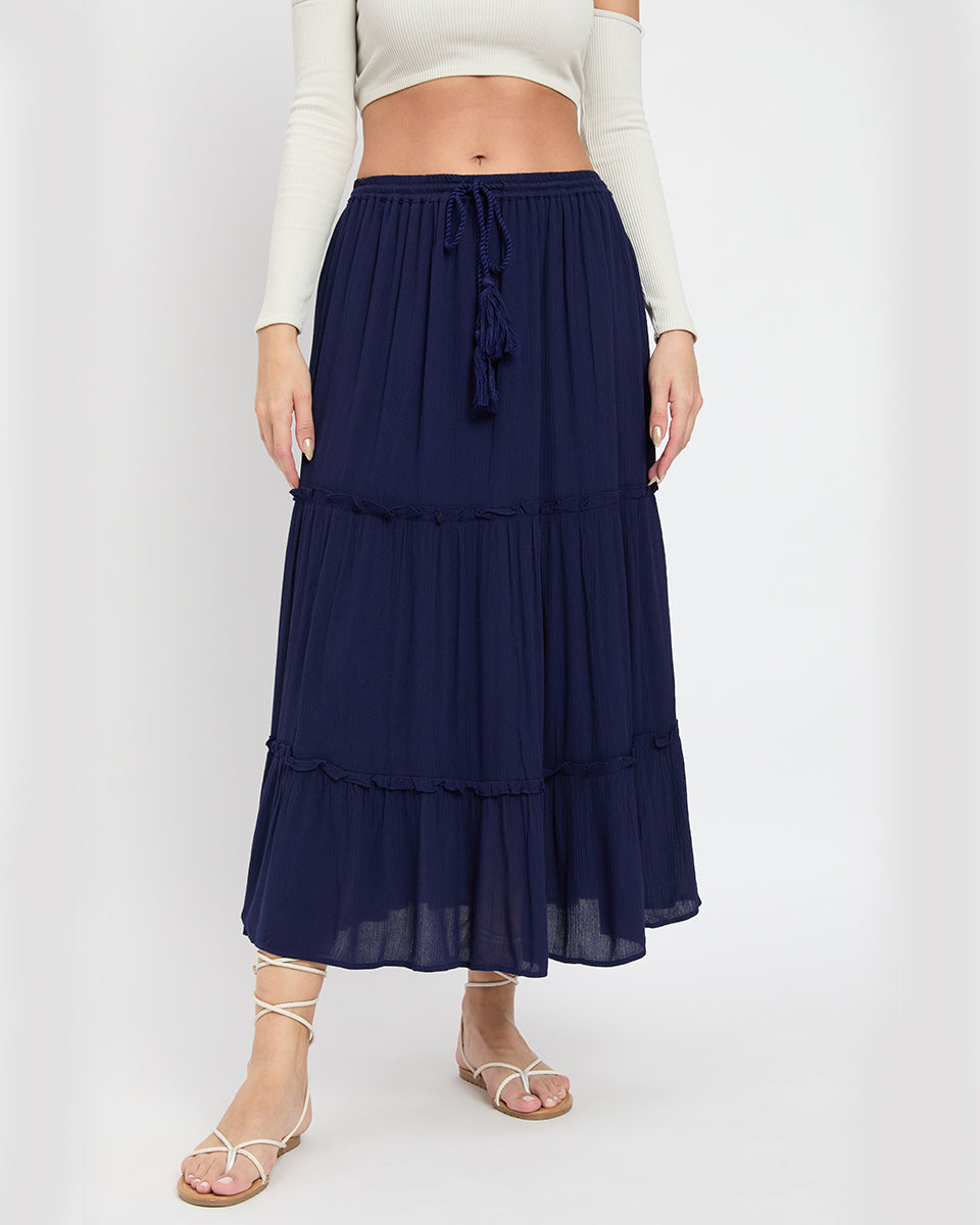 Gypsie Blu Navy-Blue Rayon Gauze Poly Knit Skirt for Women
