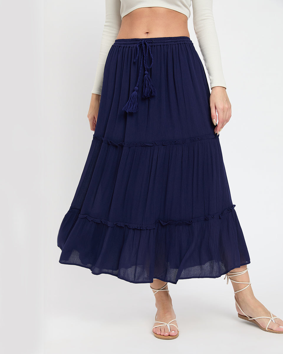 Gypsie Blu Navy-Blue Rayon Gauze Poly Knit Skirt for Women
