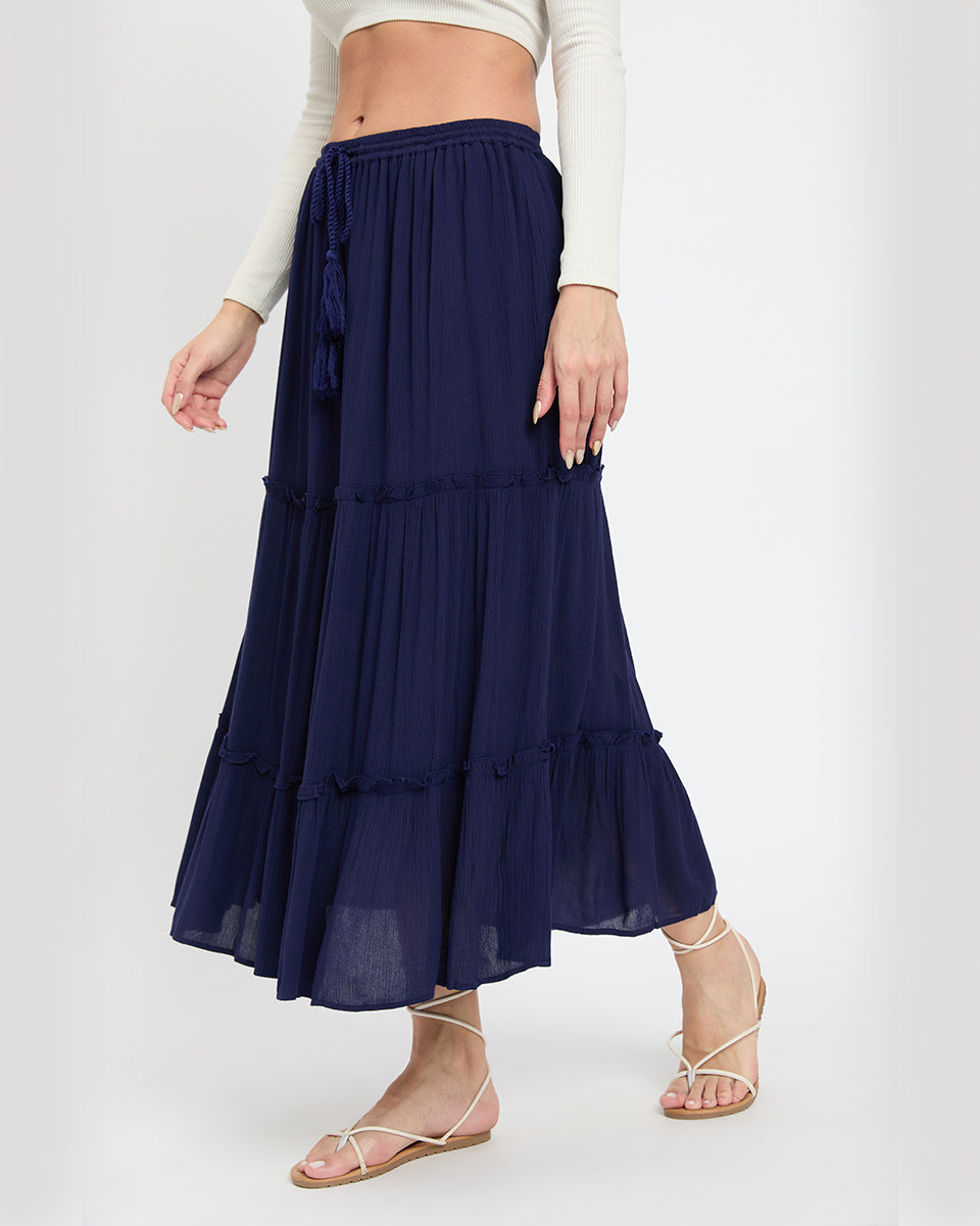 Gypsie Blu Navy-Blue Rayon Gauze Poly Knit Skirt for Women