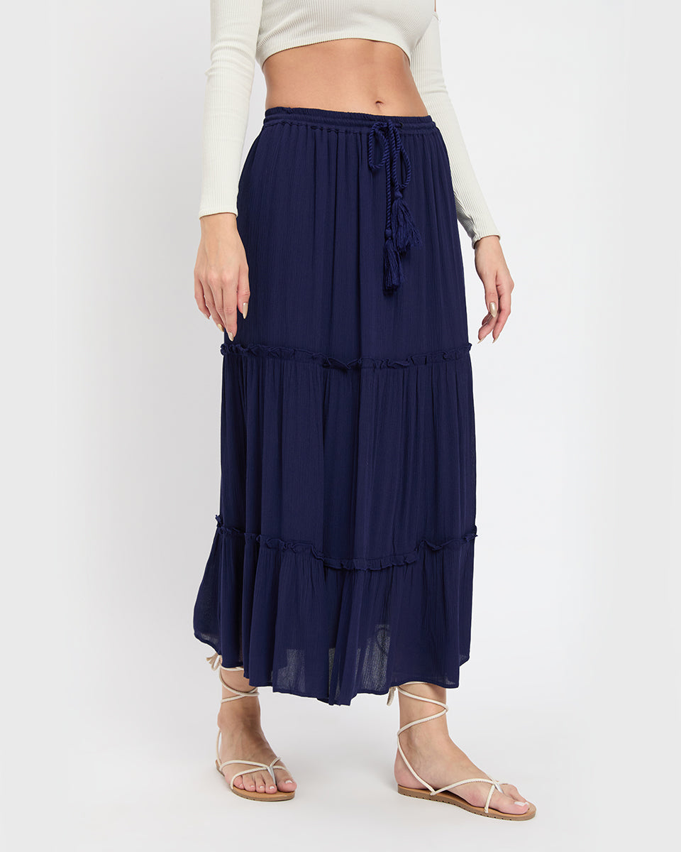 Gypsie Blu Navy-Blue Rayon Gauze Poly Knit Skirt for Women