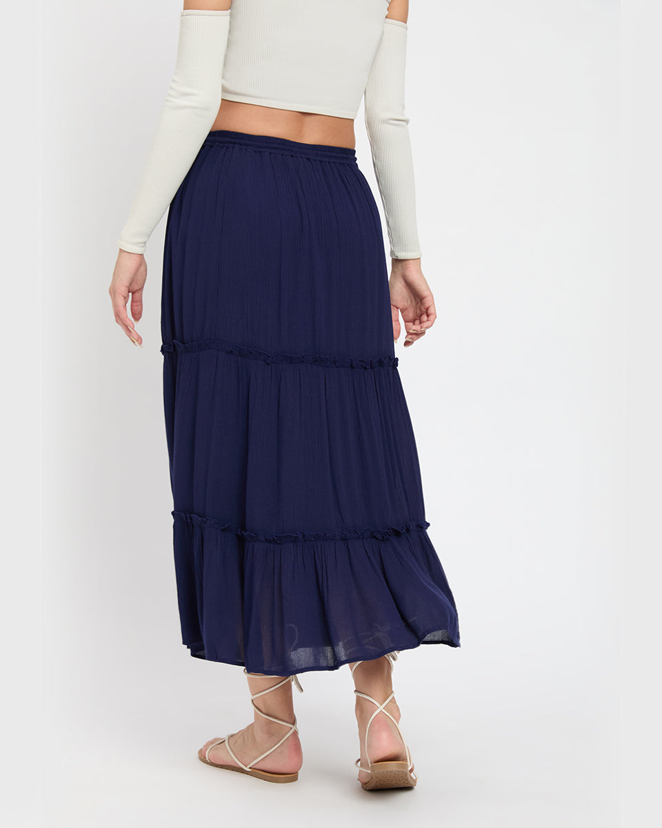 Gypsie Blu Navy-Blue Rayon Gauze Poly Knit Skirt for Women