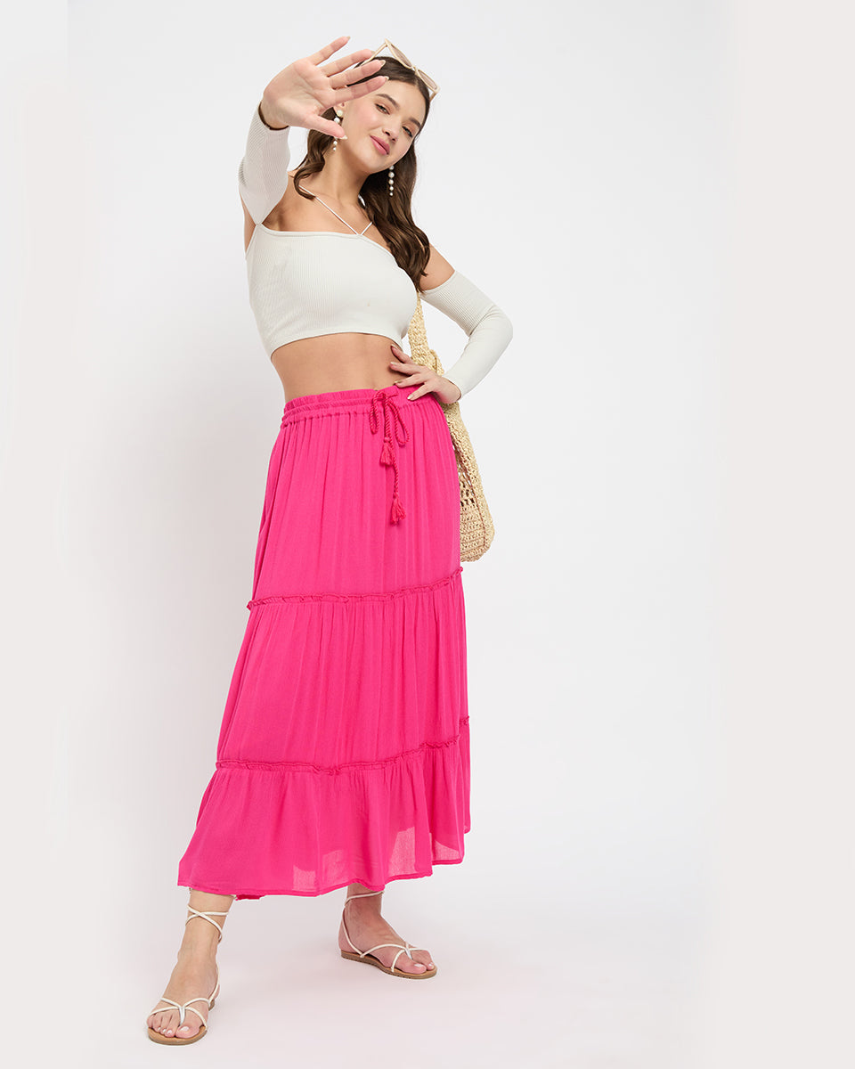 Fuchsia Rayon Gauze Poly Knit Skirt For Women