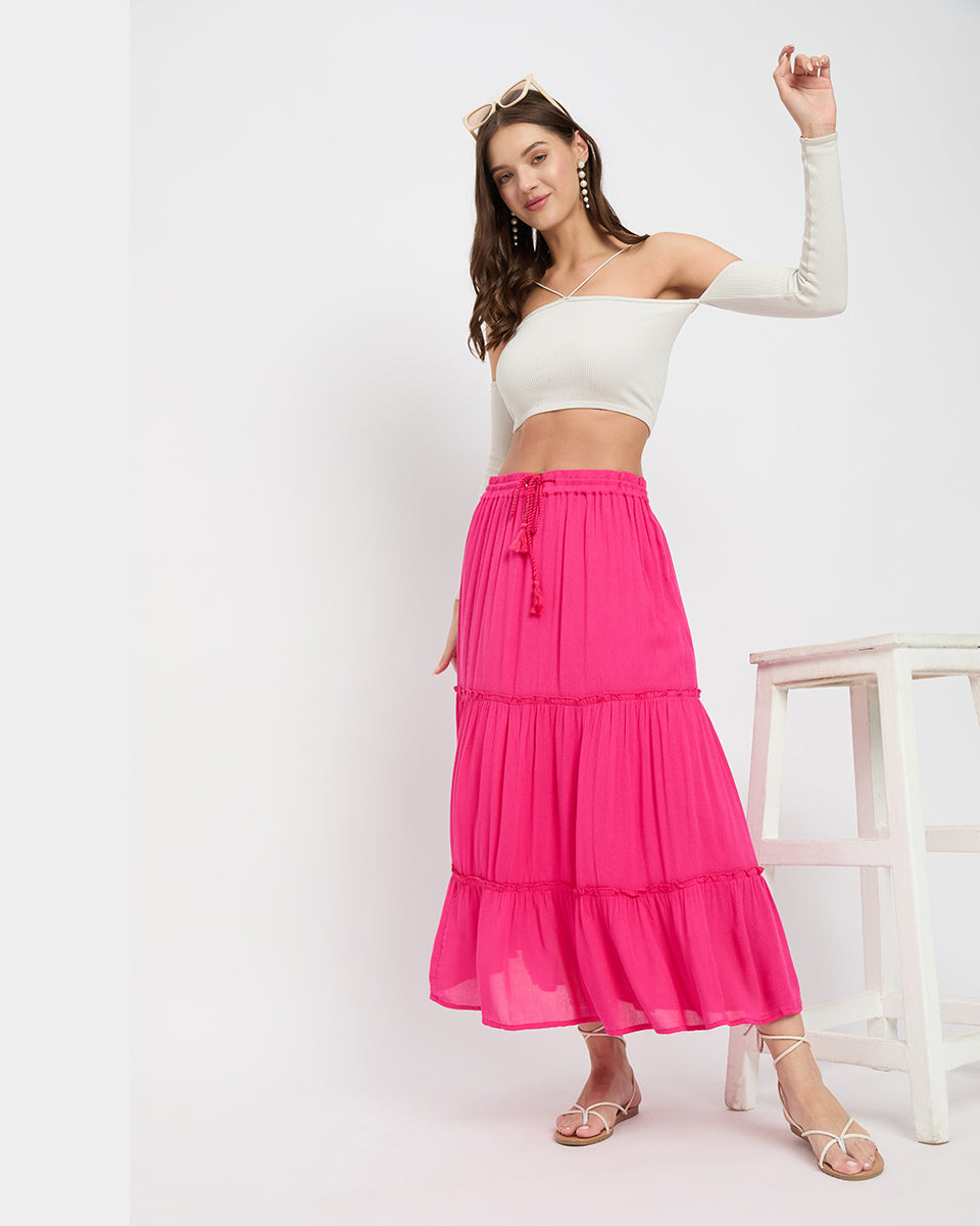 Fuchsia Rayon Gauze Poly Knit Skirt For Women