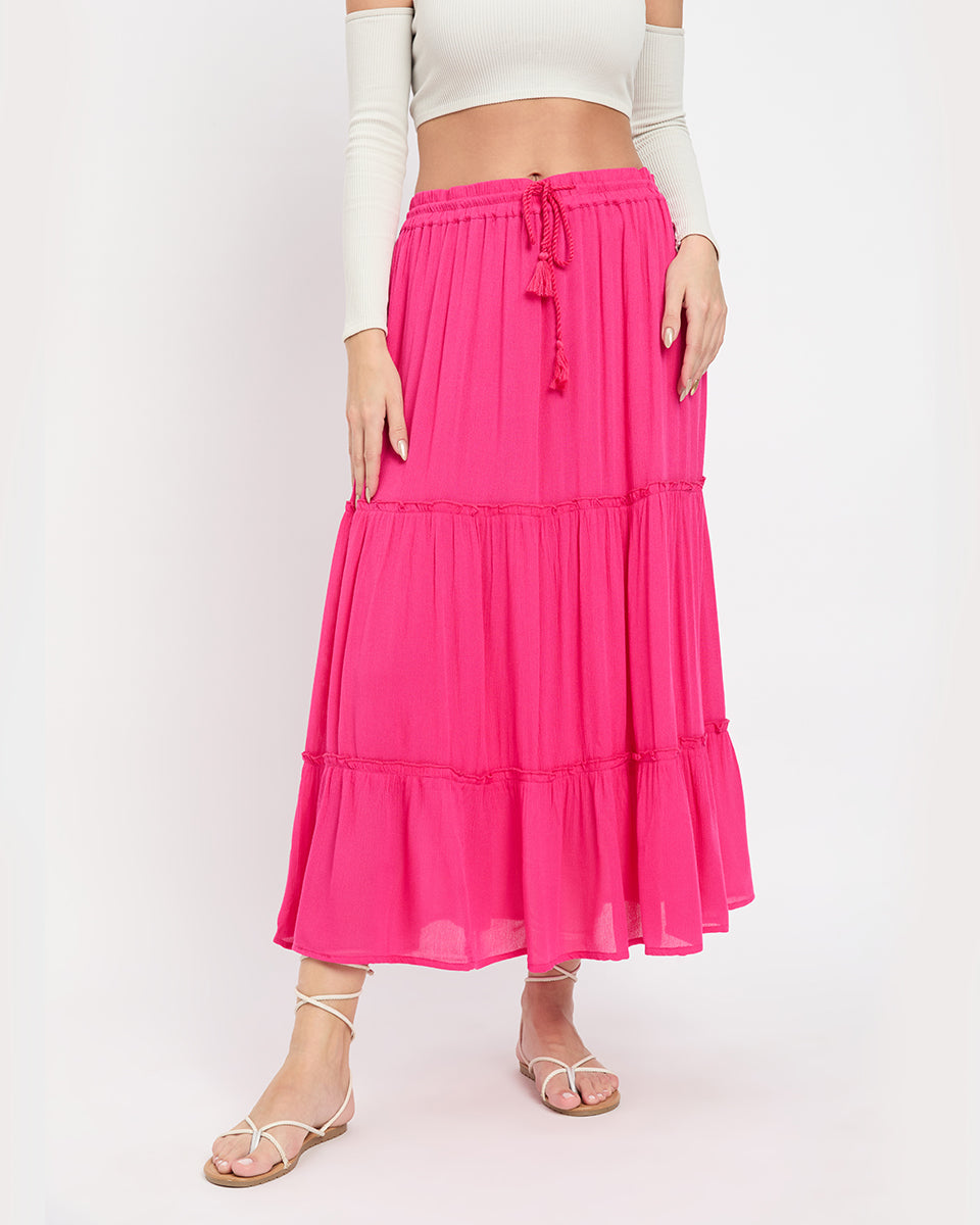 Fuchsia Rayon Gauze Poly Knit Skirt For Women