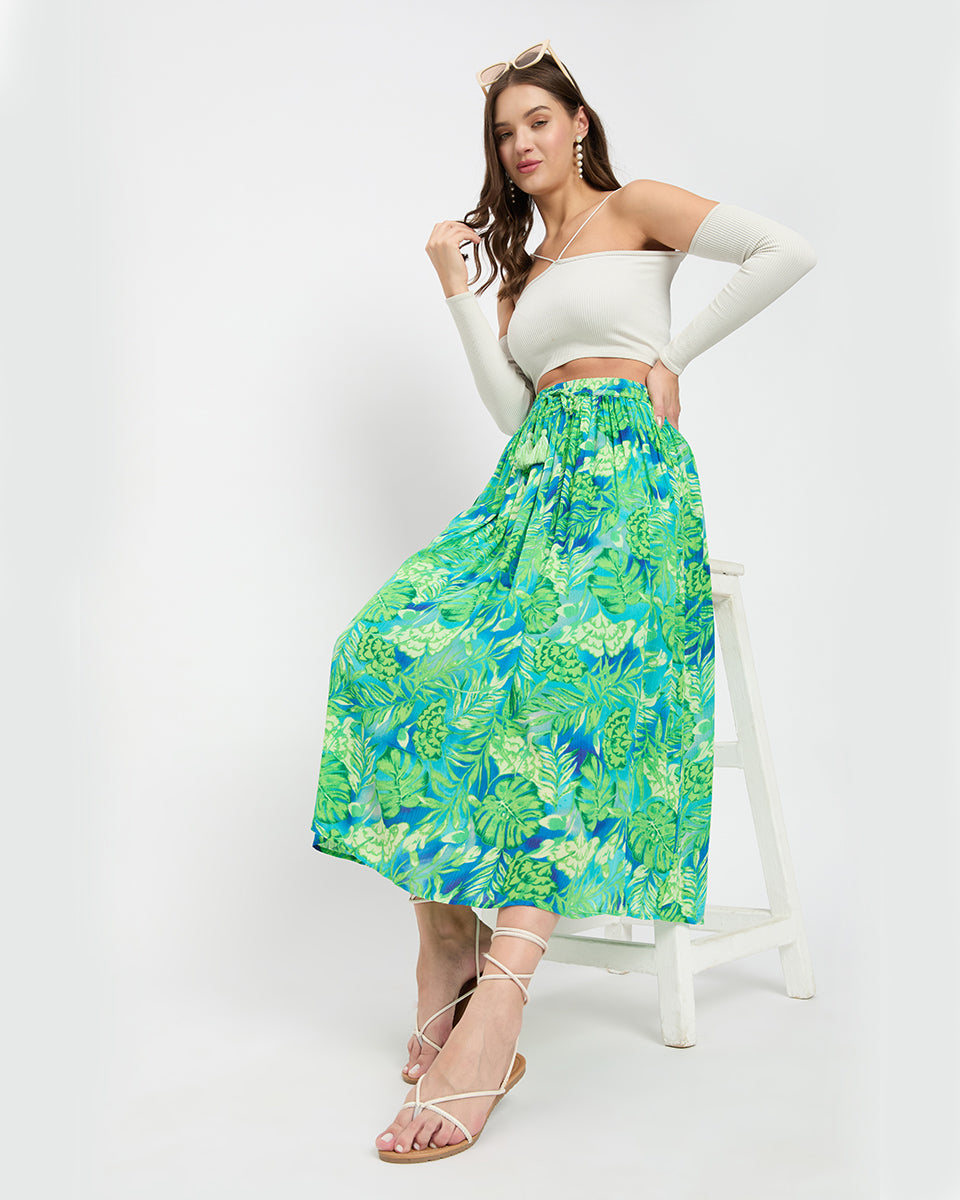 Green Color Floral And Leaf Print Rayon Crepe Long Elastic Waist Skirt For Women