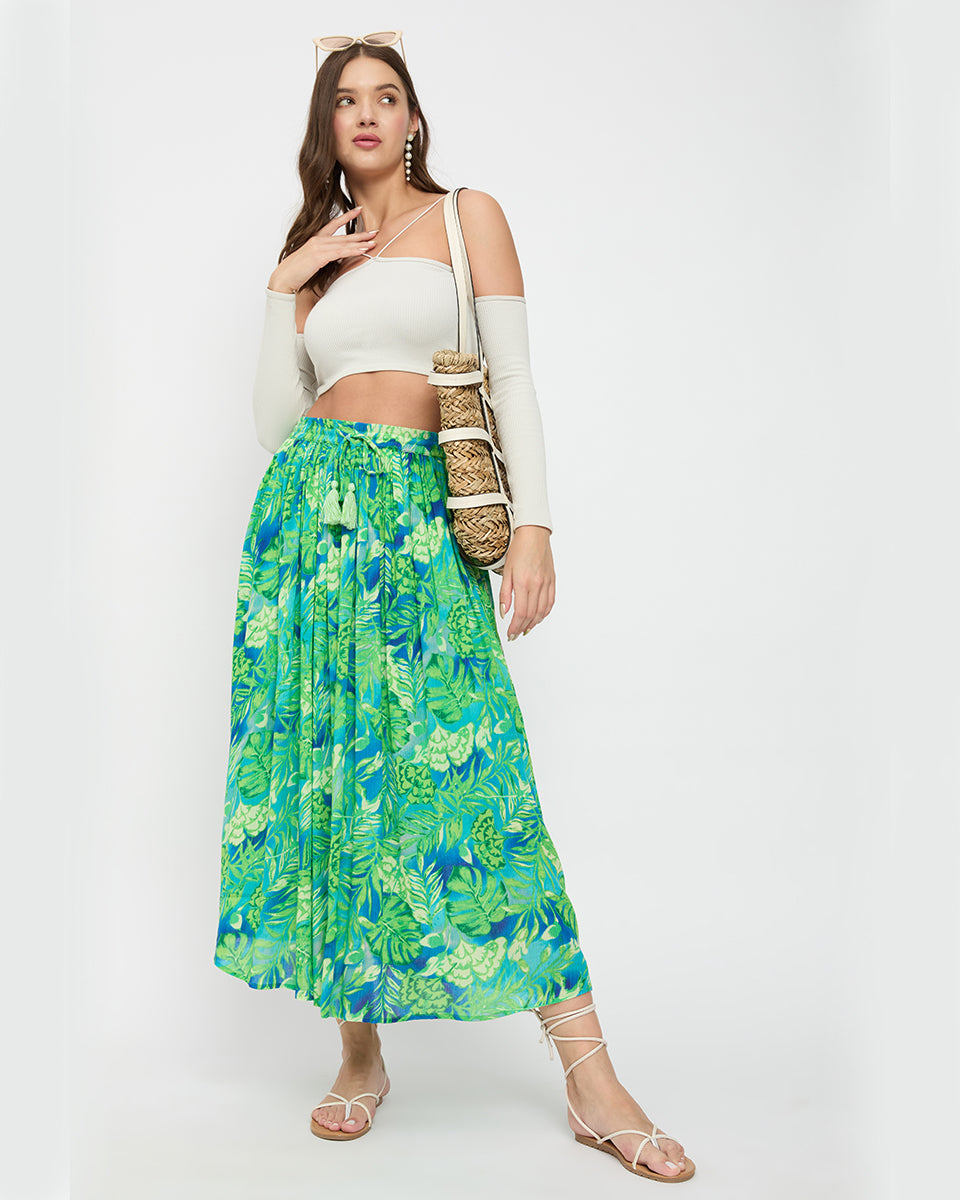 Green Color Floral And Leaf Print Rayon Crepe Long Elastic Waist Skirt For Women