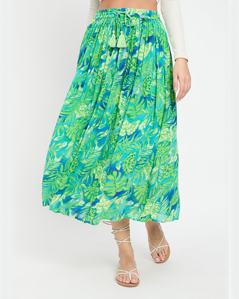 Green Color Floral And Leaf Print Rayon Crepe Long Elastic Waist Skirt For Women