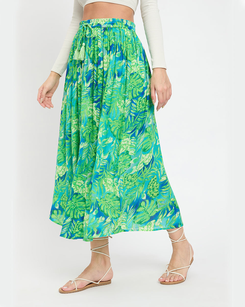 Green Color Floral And Leaf Print Rayon Crepe Long Elastic Waist Skirt For Women