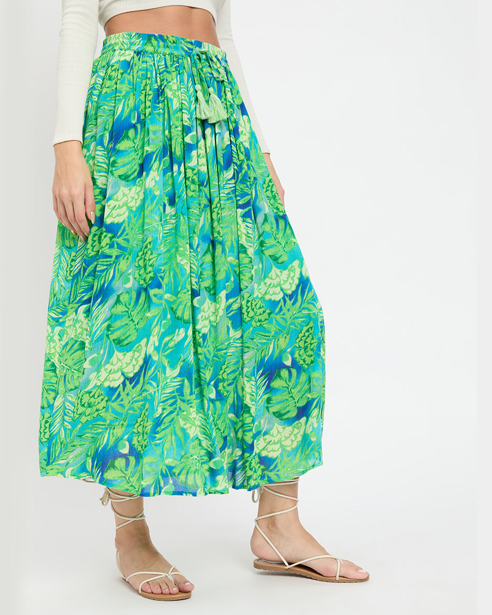 Green Color Floral And Leaf Print Rayon Crepe Long Elastic Waist Skirt For Women