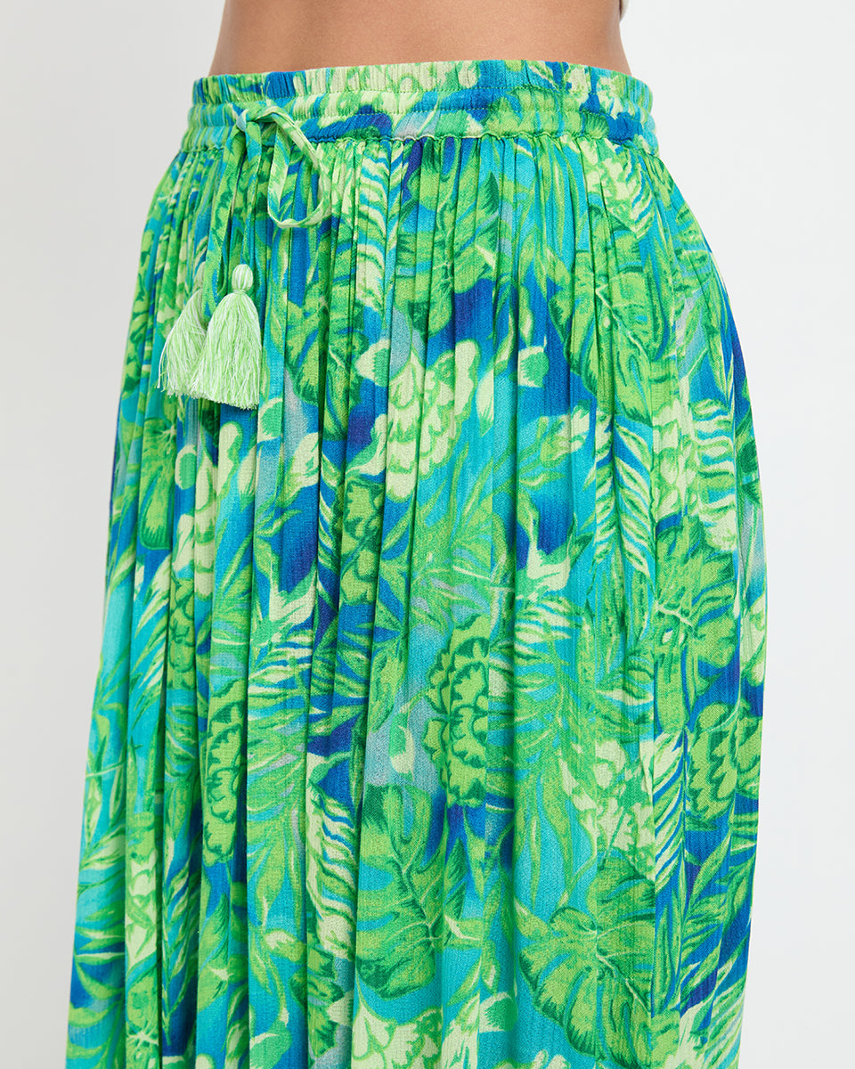 Green Color Floral And Leaf Print Rayon Crepe Long Elastic Waist Skirt For Women